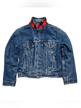 VTG 80s Levis Type III Flannel Lined Trucker Jacket 70417 Denim Buffalo Plaid 42